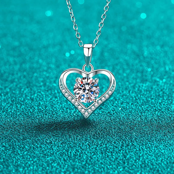 2024 New Stamped 925/Platinum GENUINE Blue Moissanite Diamond Heart Pendant Necklace